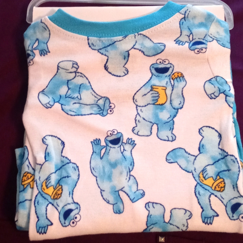 123 Sesame Street * Cookie Monster 4-Piece Kids Cotton PJ Set. Blue white 9M 920